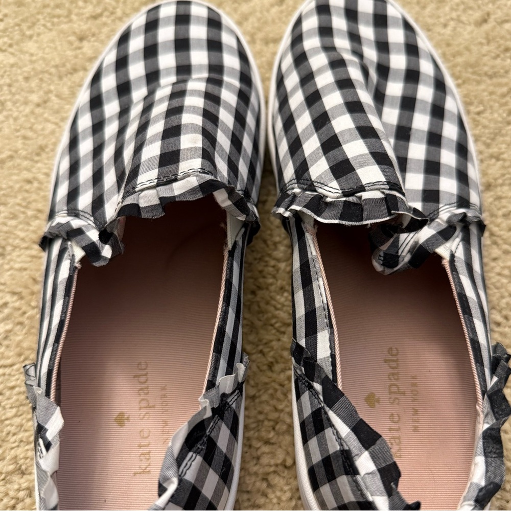 Kate Spade black gingham slip on shoes. Ruffle detail. Size 10. Lightly worn.